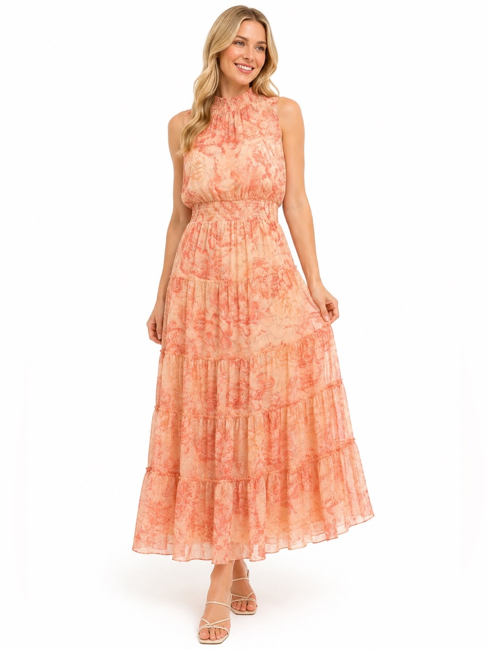 HALOGEN Metallic Floral Pleated Maxi Dress Pink Silver Women’s Large NWT